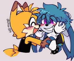 Size: 2048x1688 | Tagged: dead source, safe, artist:chibi-0004, kit the fennec, miles "tails" prower, blushing, bust, cute, duo, eye clipping through hair, gay, hands on another's face, kitabetes, kitails, shipping, simple background, smile, tailabetes