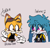 Size: 2048x1963 | Tagged: safe, artist:chibi-0004, kit the fennec, miles "tails" prower, angry, blushing, bust, cute, duo, english text, eye clipping through hair, gay, kitabetes, kitails, looking at them, shipping, shirt, simple background, smile, tailabetes, talking, tank top