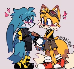 Size: 2048x1916 | Tagged: safe, artist:chibi-0004, kit the fennec, miles "tails" prower, blushing, cute, duo, eye clipping through hair, fingerless gloves, gay, goggles, heart, holding hands, kitabetes, kitails, shipping, shirt, shoelaces, shorts, simple background, smile, standing, tailabetes, tank top