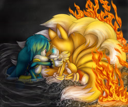 Size: 2048x1707 | Tagged: safe, artist:cyngawolf, kit the fennec, miles "tails" prower, bubbles, crying, duo, fire, gay, glowing eyes, gradient background, hands on another's face, kitails, kitsune, kneeling, looking at each other, sad, shipping, tears, water
