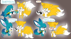 Size: 2048x1139 | Tagged: safe, artist:cyngawolf, kit the fennec, miles "tails" prower, brown background, dialogue, english text, floppy ears, gay, glowing, holding something, kitails, outline, present, shipping, simple background, smile, speech bubble, spiked collar, standing