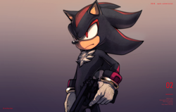 Size: 3000x1910 | Tagged: safe, artist:einnharder, shadow the hedgehog, hedgehog, alternate version, angry, frown, gun, holding something, looking offscreen, male, shadow the hedgehog (video game), sketch, solo, standing