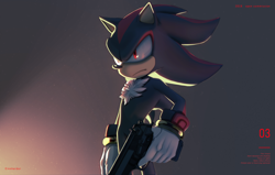Size: 3000x1910 | Tagged: safe, artist:einnharder, shadow the hedgehog, hedgehog, alternate version, angry, frown, glowing eyes, gun, holding something, looking offscreen, male, shadow the hedgehog (video game), solo, standing