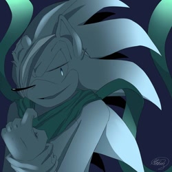 Size: 736x736 | Tagged: dead source, safe, artist:mercybhk, sonic the hedgehog, hedgehog, comic:where was my hero?, adult, alternate universe, bandicoot, blue background, glowing eyes, lidded eyes, looking at viewer, male, monochrome, older, scarf, signature, simple background, smile, solo