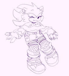 Size: 1863x2048 | Tagged: safe, artist:sonicattos, shadow the hedgehog, hedgehog, boots, claws, clothes, ear piercing, female, fingerless gloves, fishnets, line art, one fang, pawpads, shorts, simple background, smile, solo, trans female, trans girl shadow, transgender