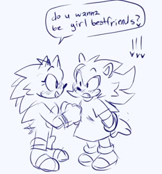 Size: 1907x2048 | Tagged: safe, artist:sonicattos, shadow the hedgehog, sonic the hedgehog, hedgehog, blushing, cute, dialogue, dress, duo, english text, exclamation mark, eyelashes, female, females only, holding hands, lesbian, line art, looking at each other, mouth open, one fang, shadow x sonic, shadowbetes, shipping, simple background, smile, sonabetes, speech bubble, standing, trans female, transgender, wagging tail