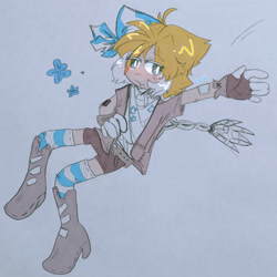 Size: 2048x2048 | Tagged: safe, artist:katyxel, miles "tails" prower, sails, human, sonic prime, flower, frown, humanized, looking at viewer, male, sitting, solo, traditional media