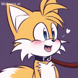 Size: 2048x2048 | Tagged: safe, ai art, artist:mobians.ai, miles "tails" prower, fox, blushing, collar, cute, heart, leash, looking offscreen, male, mobius.social exclusive, mouth open, offscreen character, prompter:taeko, purple background, simple background, smile, solo, tailabetes, tongue out