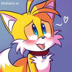 Size: 2048x2048 | Tagged: safe, ai art, artist:mobians.ai, miles "tails" prower, fox, blushing, collar, cute, heart, looking offscreen, male, mobius.social exclusive, prompter:taeko, smile, solo, tailabetes, tongue out