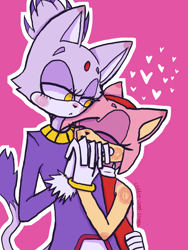 Size: 1200x1600 | Tagged: safe, artist:crypticalien, amy rose, blaze the cat, cat, hedgehog, 2019, amy x blaze, amy's halterneck dress, blaze's tailcoat, cute, eyes closed, female, females only, hearts, holding hands, lesbian, looking at them, shipping