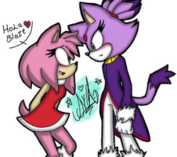 Size: 1024x905 | Tagged: safe, artist:jyllhedgehog367, amy rose, blaze the cat, cat, hedgehog, 2017, amy x blaze, amy's halterneck dress, blaze's tailcoat, blushing, cute, english text, female, females only, heart, lesbian, looking at each other, shipping