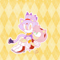 Size: 600x600 | Tagged: safe, artist:smokydawn, amy rose, blaze the cat, cat, hedgehog, 2018, amy x blaze, amy's halterneck dress, blaze's tailcoat, carrying them, cute, female, females only, lesbian, looking at them, shipping