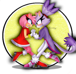 Size: 878x859 | Tagged: safe, artist:gabrielawolf78, amy rose, blaze the cat, cat, hedgehog, 2021, amy x blaze, amy's halterneck dress, blaze's tailcoat, blushing, cute, female, females only, holding hands, lesbian, looking at each other, shipping