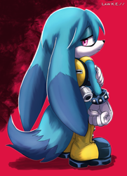 Size: 1591x2192 | Tagged: safe, artist:0law, kit the fennec, abstract background, frown, hand on arm, lidded eyes, looking back, looking back at viewer, male, solo, standing