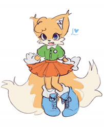 Size: 1520x1869 | Tagged: safe, artist:sleepy-za, miles "tails" prower, fox, amy's classic dress, badge, boots, dress, ear fluff, female, heart, one fang, open mouth, simple background, smile, solo, standing, tailabetes, trans female, transgender, white background