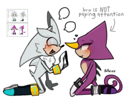 Size: 2048x1609 | Tagged: safe, artist:batterizz, espio the chameleon, silver the hedgehog, blushing, cute, duo, english text, espibetes, eyes closed, gay, heart, kneeling, looking at them, male, males only, reference inset, shipping, silvabetes, silvio, simple background, smile, white background