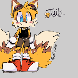 Size: 2048x2048 | Tagged: dead source, safe, artist:chibi-0004, miles "tails" prower, fox, blushing, character name, clothes, fingerless gloves, goggles, grey background, male, shoelaces, shorts, simple background, smile, solo, standing, tank top