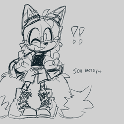 Size: 2048x2048 | Tagged: dead source, safe, artist:chibi-0004, miles "tails" prower, fox, blushing, boots, clothes, double v sign, english text, exclamation mark, fingerless gloves, goggles, grey background, line art, looking at viewer, male, shoelaces, shorts, simple background, sketch, smile, solo, standing, tank top, wink
