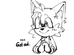Size: 1024x768 | Tagged: safe, artist:chibi-0004, miles "tails" prower, fox, ..., annoyed, blushing, bust, cross popping vein, dialogue, ear fluff, english text, hands together, line art, looking offscreen, male, simple background, sketch, smile, solo, white background