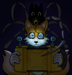 Size: 1042x1086 | Tagged: safe, artist:im-so-done-with-myself, miles "tails" prower, nine, fox, sonic prime, alternate universe, duo, frown, glowing eyes, holding something, looking at viewer, male, miles electric, scared, self paradox, shrunken pupils, silhouette, standing