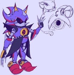 Size: 2013x2047 | Tagged: safe, artist:sonicattos, metal sonic, alignment swap, black sclera, genderless, looking offscreen, purple background, robot, simple background, solo, standing, waving