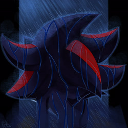 Size: 2048x2048 | Tagged: safe, artist:kaylas-world-0, shadow the hedgehog, hedgehog, abstract background, back view, bending over, border, male, nighttime, outdoors, rain, sad, solo, standing