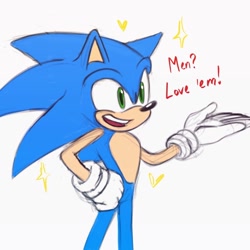 Size: 944x944 | Tagged: safe, artist:vee-skies, sonic the hedgehog, dialogue, english text, hand on hip, hand up, heart, implied gay, looking offscreen, male, mouth open, smile, solo, sparkles, standing