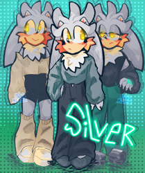 Size: 1668x2000 | Tagged: safe, artist:matrix--lazy, silver the hedgehog, hedgehog, abstract background, alternate universe, alternate version, au:star silver, character name, cheek fluff, clothes, eyelashes, frown, glowing eyes, lidded eyes, male, males only, self paradox, signature, smile, standing, trio