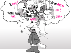 Size: 2048x1531 | Tagged: safe, artist:projectshadovv, tangle the lemur, whisper the wolf, lemur, wolf, blushing, butterfly, crush, dialogue, english text, female, females only, frown, gradient background, greyscale, hugging, lesbian, shipping, solo, sparkles, standing, tangle x whisper, thinking, thought bubble