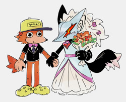Size: 991x806 | Tagged: safe, artist:fernsnailz, ian jr, infinite the jackal, sonic forces, bowtie, cap, claws, crocs, cute, dress, duo, flower, flower bouquet, gay, grey background, holding hands, holding something, ianabetes, ianfinite, phantom ruby, shipping, simple background, smile, standing, wedding, wedding dress, wedding suit