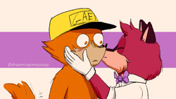 Size: 658x372 | Tagged: safe, artist:dreaminginmysoup, barry the quokka, ian jr, abstract background, alternate outfit, barrian, blushing, bowtie, cap, eyes closed, frown, gay, hands on another's face, holding them, kiss on cheek, looking at them, shipping, shrunken pupils, standing