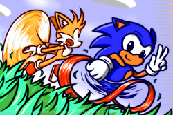 Size: 900x600 | Tagged: safe, artist:jezmmart, miles "tails" prower, sonic the hedgehog, fox, hedgehog, clouds, daytime, duo, flying, good end, grass, looking ahead, looking at viewer, outdoors, running, smile, sonic the hedgehog 2 (8bit), spinning tails, v sign