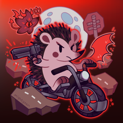Size: 2048x2048 | Tagged: safe, artist:mightysen, black doom, shadow the hedgehog, hedgehog, alien, alternate version, animalified, devil horns, devil tail, doom's eye, duo, frown, gradient background, gun, holding something, literal animal, moon, motorcycle, outline, road, shadow the hedgehog (video game), solo focus, sparkles, trident