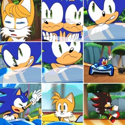Size: 640x640 | Tagged: safe, miles "tails" prower, shadow the hedgehog, sonic the hedgehog, edit, faic, great moments in animation, panels, screenshot, smear frame, team sonic racing overdrive
