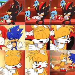 Size: 640x640 | Tagged: safe, knuckles the echidna, miles "tails" prower, shadow the hedgehog, sonic the hedgehog, chao, edit, faic, great moments in animation, neutral chao, panels, screenshot, smear frame, team sonic racing overdrive