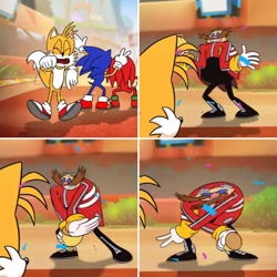 Size: 640x640 | Tagged: safe, knuckles the echidna, miles "tails" prower, robotnik, sonic the hedgehog, edit, faic, great moments in animation, panels, screenshot, smear frame, team sonic racing overdrive