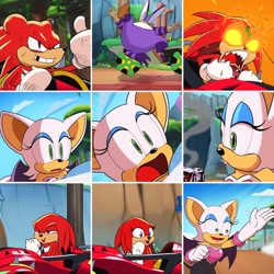 Size: 640x640 | Tagged: safe, big the cat, knuckles the echidna, rouge the bat, faic, great moments in animation, kawai, panels, screenshot, smear frame, team sonic racing overdrive