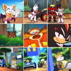 Size: 640x640 | Tagged: safe, e-123 omega, miles "tails" prower, robotnik, rouge the bat, shadow the hedgehog, sonic the hedgehog, edit, faic, great moments in animation, panels, screenshot, smear frame, team sonic racing overdrive
