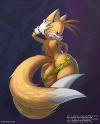 Size: 900x1121 | Tagged: suggestive, artist:totesfleisch8, miles "tails" prower, fox, abstract background, big butt, bootyfull tails, butt, hand on head, lidded eyes, looking back, looking back at viewer, male, panties, smile, standing