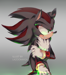 Size: 900x1021 | Tagged: safe, artist:lazoomaiga, shadow the hedgehog, hedgehog, 2018, bleeding, blood, chaos emerald, clenched teeth, gradient background, holding arm, holding something, injured, looking offscreen, male, scar, scratch (injury), solo, standing