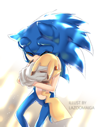 Size: 850x1071 | Tagged: safe, artist:lazoomaiga, sonic the hedgehog, hedgehog, 2018, crossover, cute, duo, eyes closed, floppy ears, gradient background, hugging, male, males only, pikachu, pokemon, standing