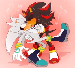 Size: 2568x2344 | Tagged: safe, artist:bongwater777, shadow the hedgehog, silver the hedgehog, hedgehog, blushing, blushing ears, duo, gay, gradient background, heart, holding hands, holding them, kiss, looking at them, male, males only, shadow x silver, shipping, shrunken pupils, standing