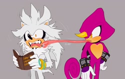 Size: 2230x1416 | Tagged: safe, artist:bongwater777, espio the chameleon, silver the hedgehog, ambiguous gender, blushing, book, bug, duo, english text, fly, gay, grey background, holding something, licking, long tongue, looking at something, male, mouth open, shipping, shocked, silvio, simple background, standing, tongue out