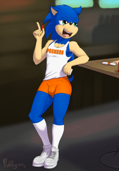 Size: 2800x4000 | Tagged: suggestive, artist:punkpega, sonic the hedgehog, hedgehog, abstract background, bulge, holding something, hooters outfit, looking offscreen, male, mouth open, peckers, pen, pun, signature, smile, standing, table