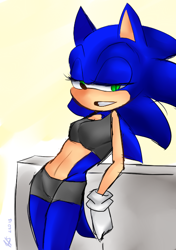 Size: 446x633 | Tagged: safe, artist:bloodymoon219, sonic the hedgehog, hedgehog, 2013, crop top, female, gender swap, grin, leaning back, leaning on something, lidded eyes, looking at viewer, shorts, smile, solo