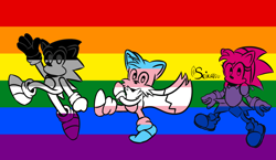 Size: 4336x2520 | Tagged: safe, artist:seikatsueclipse, amy rose, miles "tails" prower, sonic the hedgehog, 2022, ace, asexual pride, bisexual, bisexual pride, classic amy, classic sonic, classic tails, pride, pride flag background, signature, trans pride, transgender, trio, walking