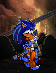 Size: 900x1179 | Tagged: semi-grimdark, artist:zoomswish, miles "tails" prower, sonic the hedgehog, fox, hedgehog, 2019, abstract background, alternate universe, crying, cyborg, fire, frown, gay, holding them, imminent death, lidded eyes, one eye closed, partially roboticized, sad, shipping, signature, sonic boom (tv), sonic x tails, tears, tears of sadness