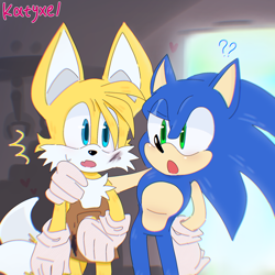 Size: 2048x2048 | Tagged: safe, artist:katyxel, miles "tails" prower, sonic the hedgehog, abstract background, apron, doorway, duo, gay, hand on shoulder, indoors, leaning forward, looking at each other, mouth open, shipping, sonic x tails, stain, standing, surprised, sweatdrop