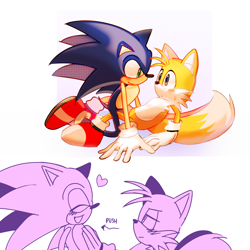 Size: 2048x2048 | Tagged: safe, artist:snt0skt, miles "tails" prower, sonic the hedgehog, :o, abstract background, blushing, duo, embarrassed, eyes closed, frown, gay, heart, kneeling, lidded eyes, looking at each other, lying back, mouth open, pushing, sfx, shipping, smile, sonic x tails, sweatdrop