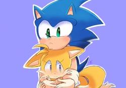 Size: 1000x700 | Tagged: safe, artist:giaoux, miles "tails" prower, sonic the hedgehog, 2023, blushing, cute, duo, floppy ears, frown, gay, leaning on them, outline, purple background, shipping, signature, simple background, sonic x tails